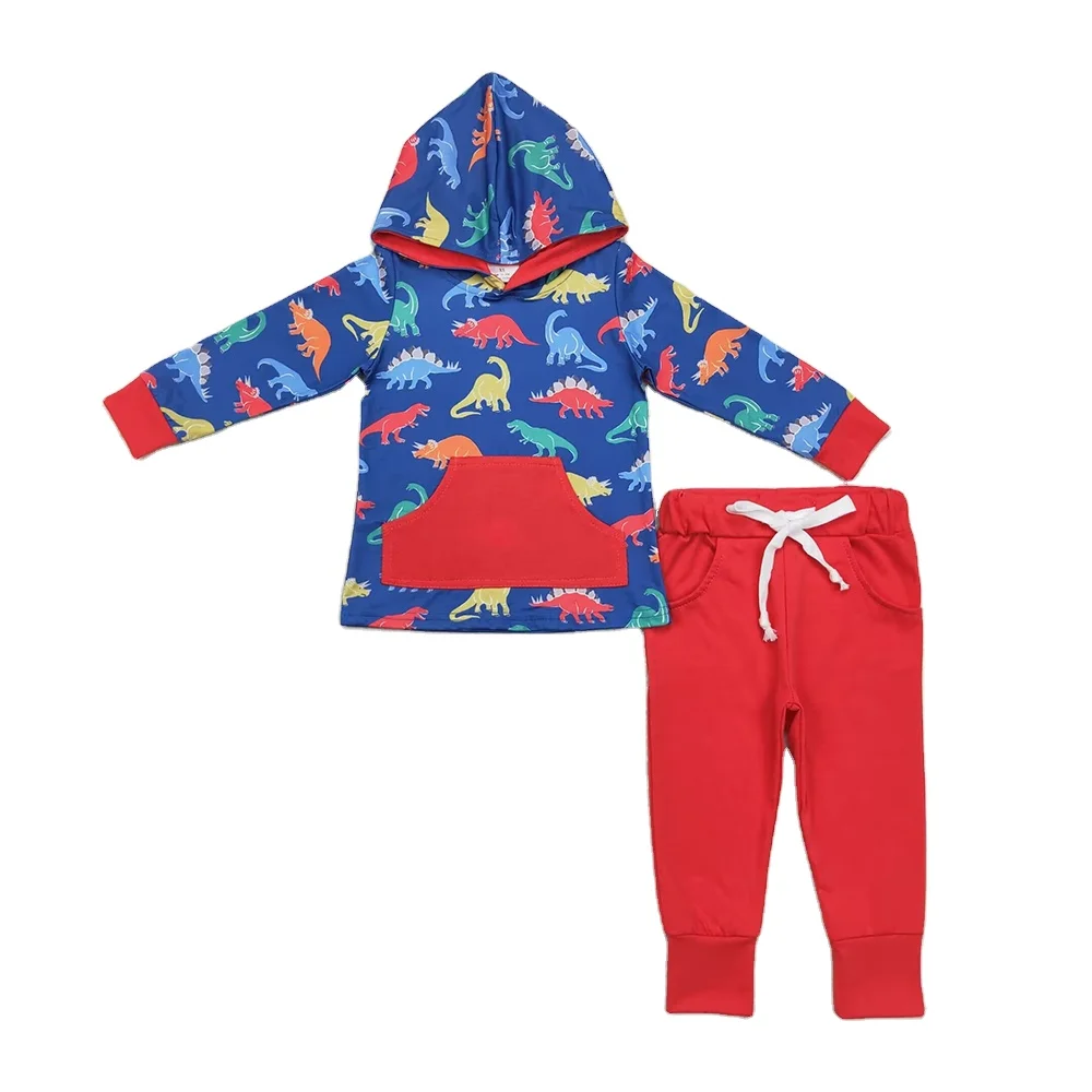 RTS Baby Boys Toddler Fall Dinosaurs Hooded Pocket Top Tee Shirts Children Pocket Pants Southern Outfits Clothes Sets