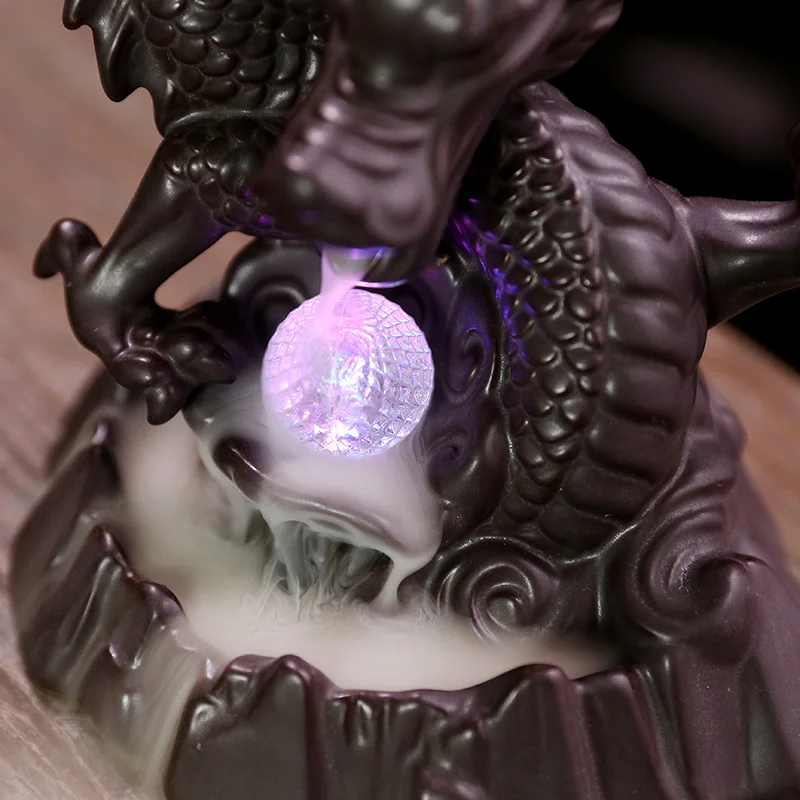 
7-Color LED Lights Changing Incense Burner Ceramic Dragon Backflow Incense Burner Creative Smoke Waterfall Incense Holder Censer 