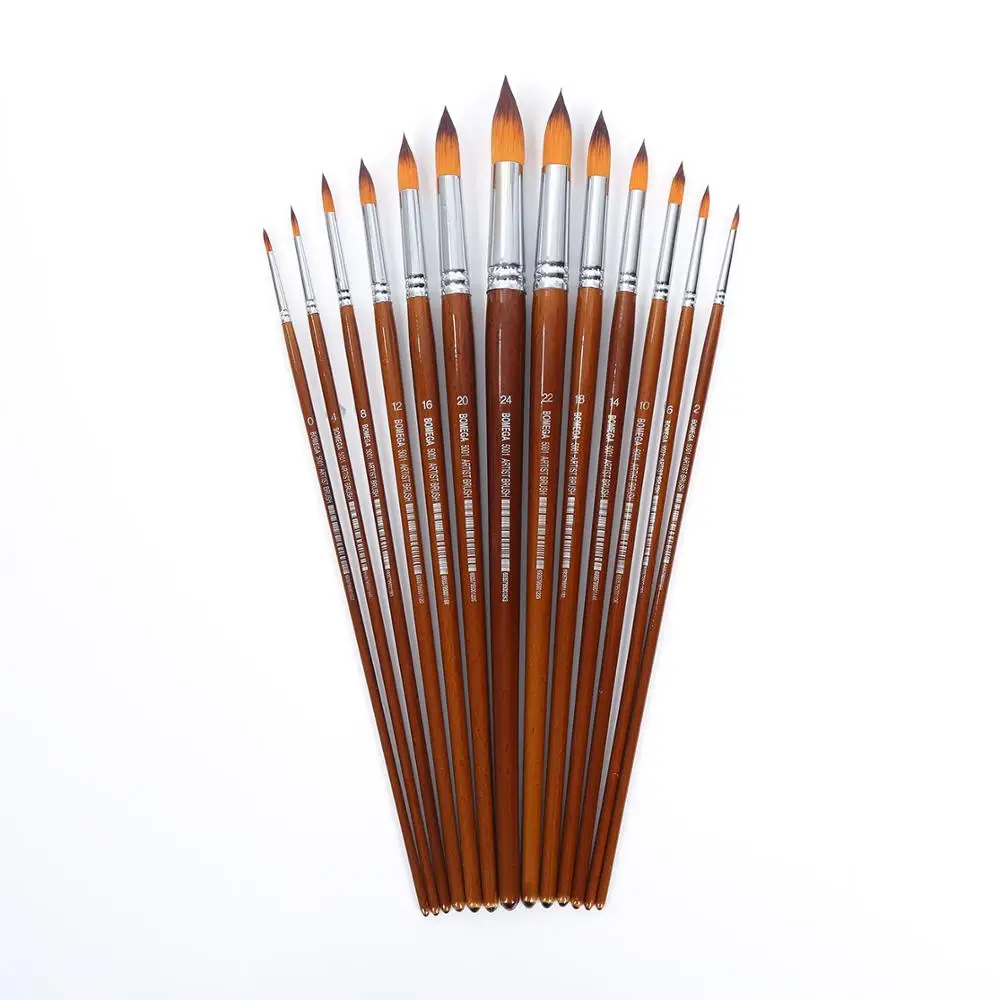 Wholesale Nylon Hair Wood Handle Painting Brush Round Flat Tip Artist Paint Brushes