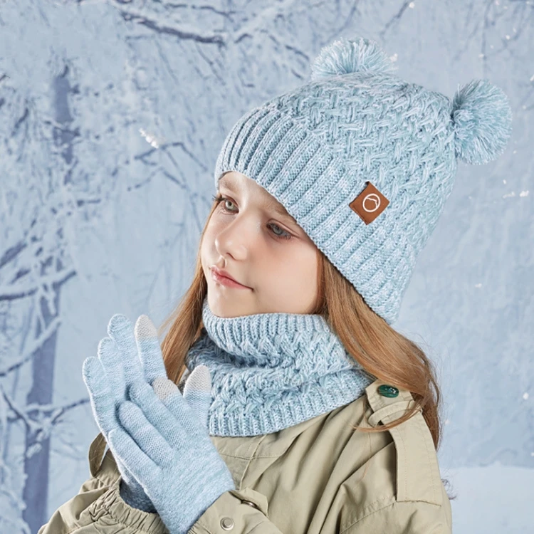 2025 New Warm Winter 4pcs Set Soft Scarf Gloves Kid Winter Neck Scarves Beanie Cap For Children With Double Pompom