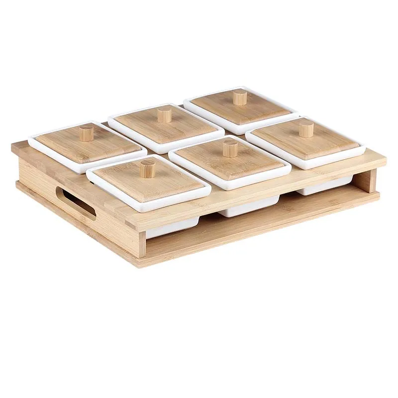 
Whole Sale Nordic Style Fashionable 6 Compartment Dry Fruit Ceramic Tray With Wood Shelf 