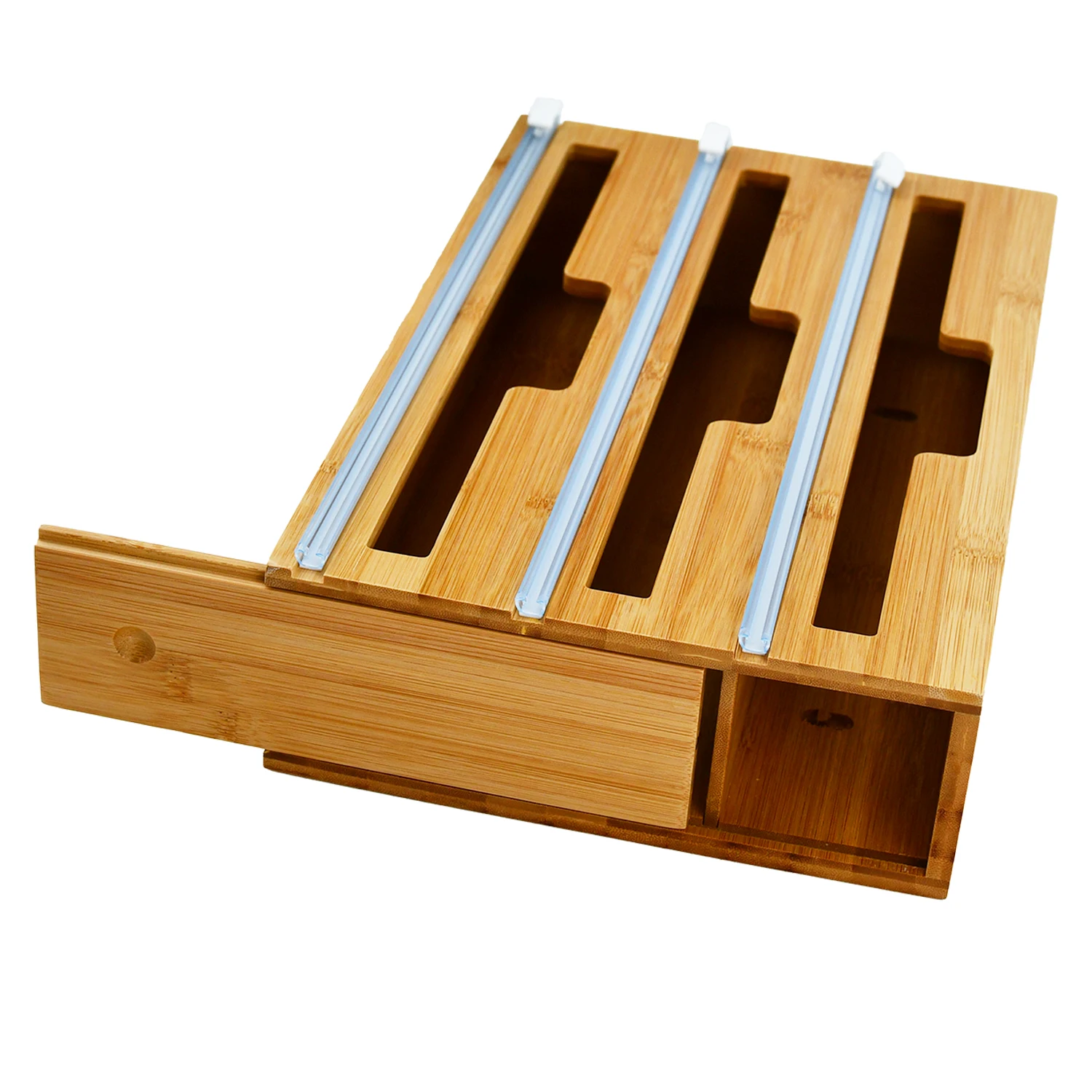 Bamboo Cling Wrap Dispenser with Cutter 3-in-1 Plastic Wrap, Wax Paper, Aluminum Foil Dispenser Organization and Storage