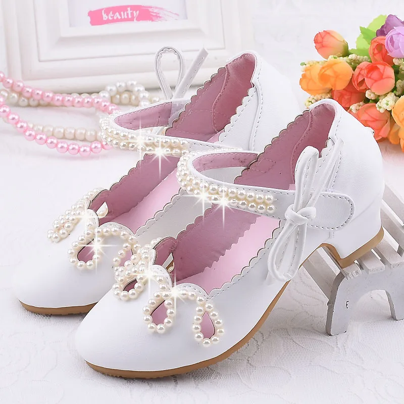  Girls high heels white leather shoes performance