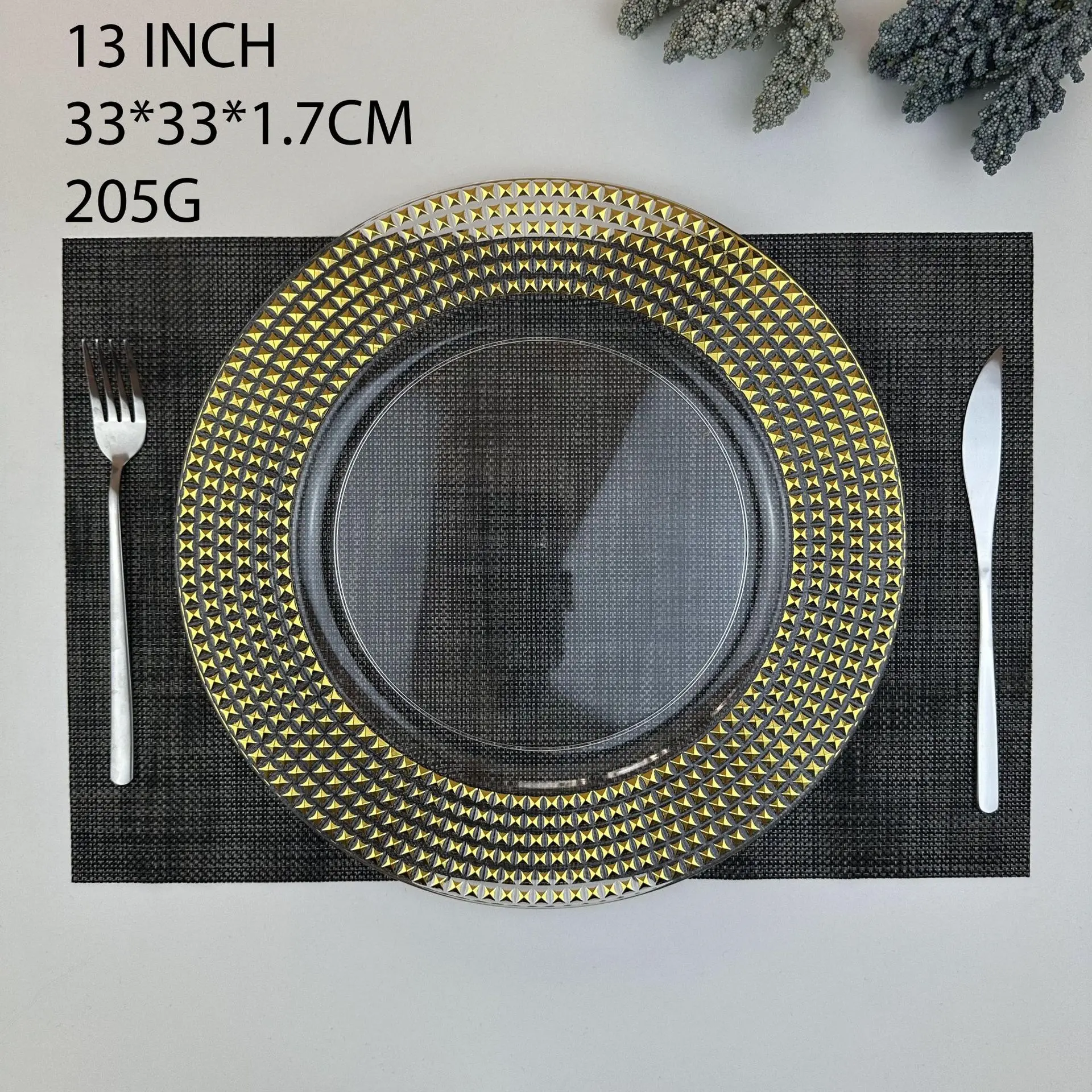 2025 table decoration party event round 33 cm clear dotted charger plate with gold and silver