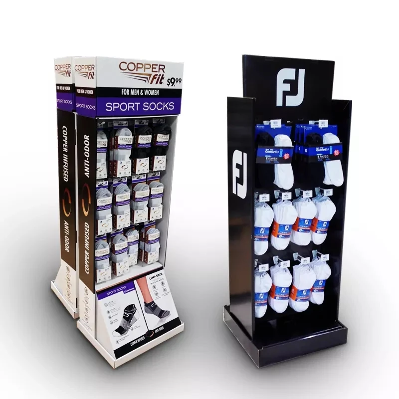 cardboard clothing display T-shirts cardboard rack sock display stand 4 tier point custom cardboard display of purchase bin