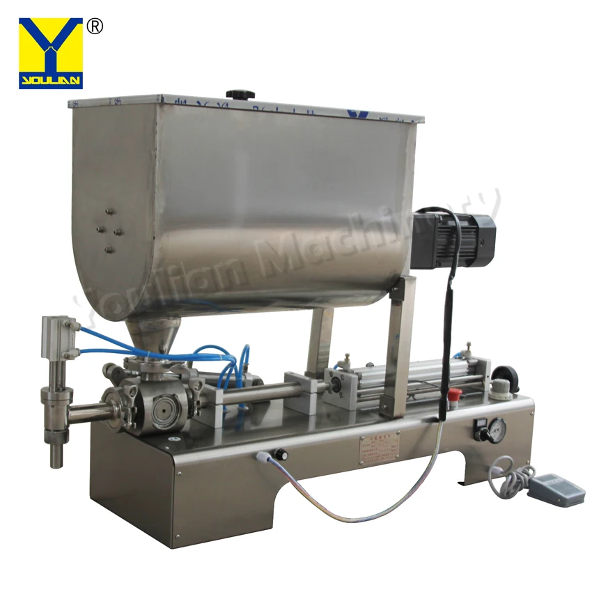 GW-1 Semi Automatic Horizontal Piston Paste Filler Chili Sauce Tomato Thick Sauce Tahini Glass Jar Filling Machine with Mixer