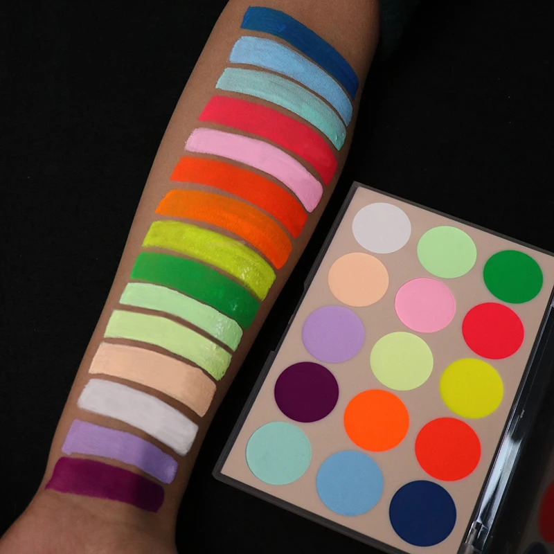 wholesale cosmetic 15 color eyeshadow oil based grease uv neon face body paint palette glowing in dark for Halloween makeup