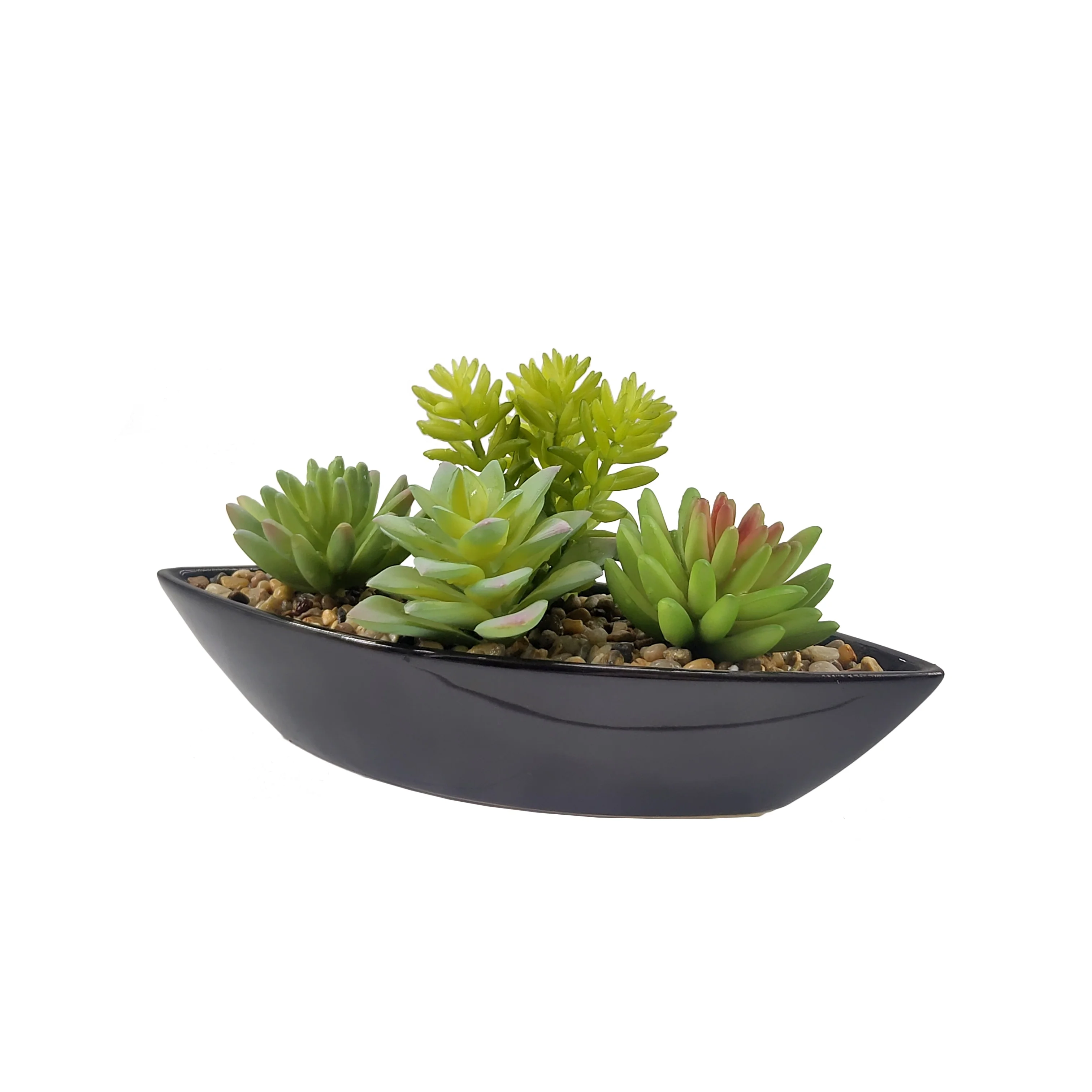 Hot sale artificial mini boat succulent with ceramic pot for home office decoration small bonsai pot