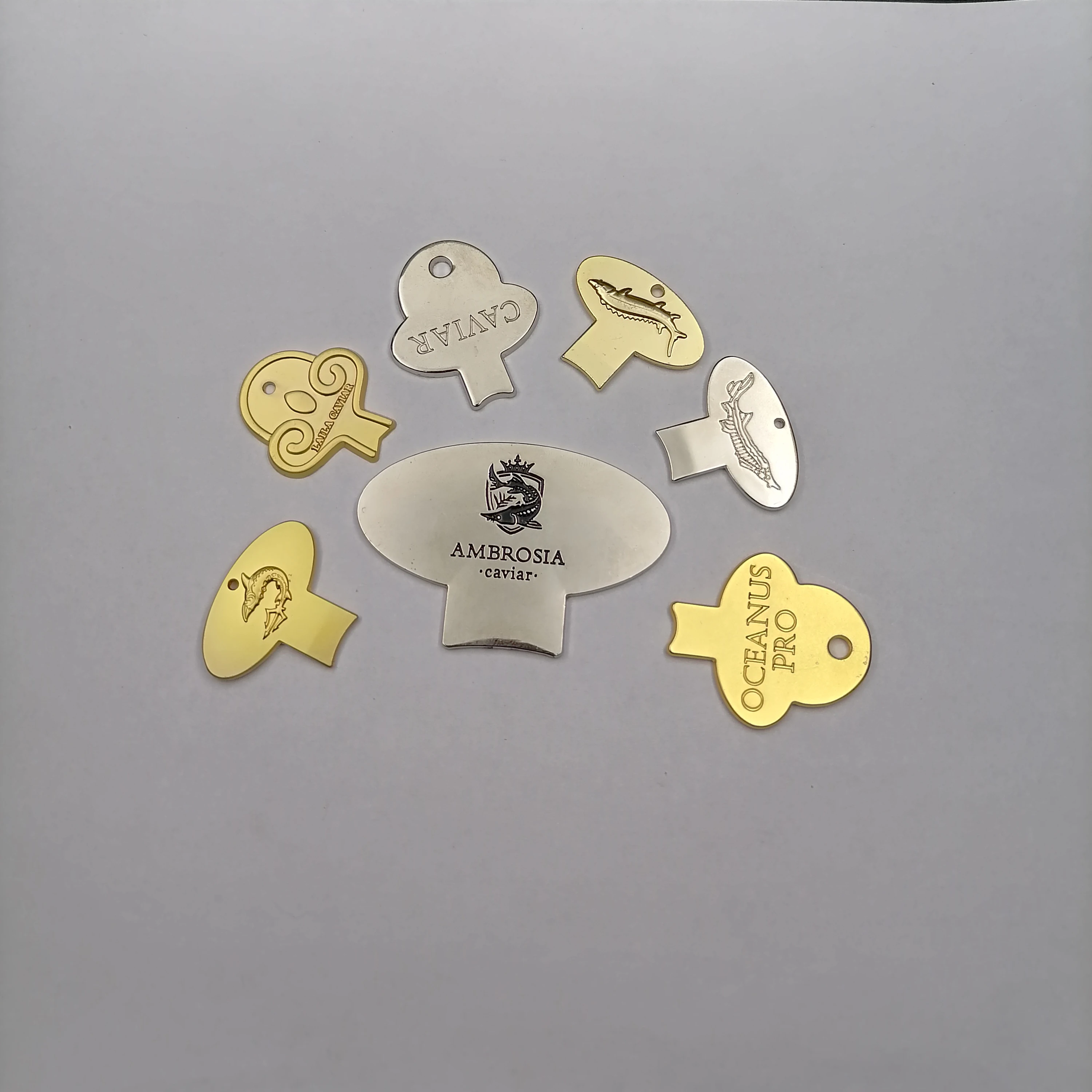 Custom engraved caviar box tin opener,gold silver plating color metal nickel free sturgeon caviar beluga tin opener