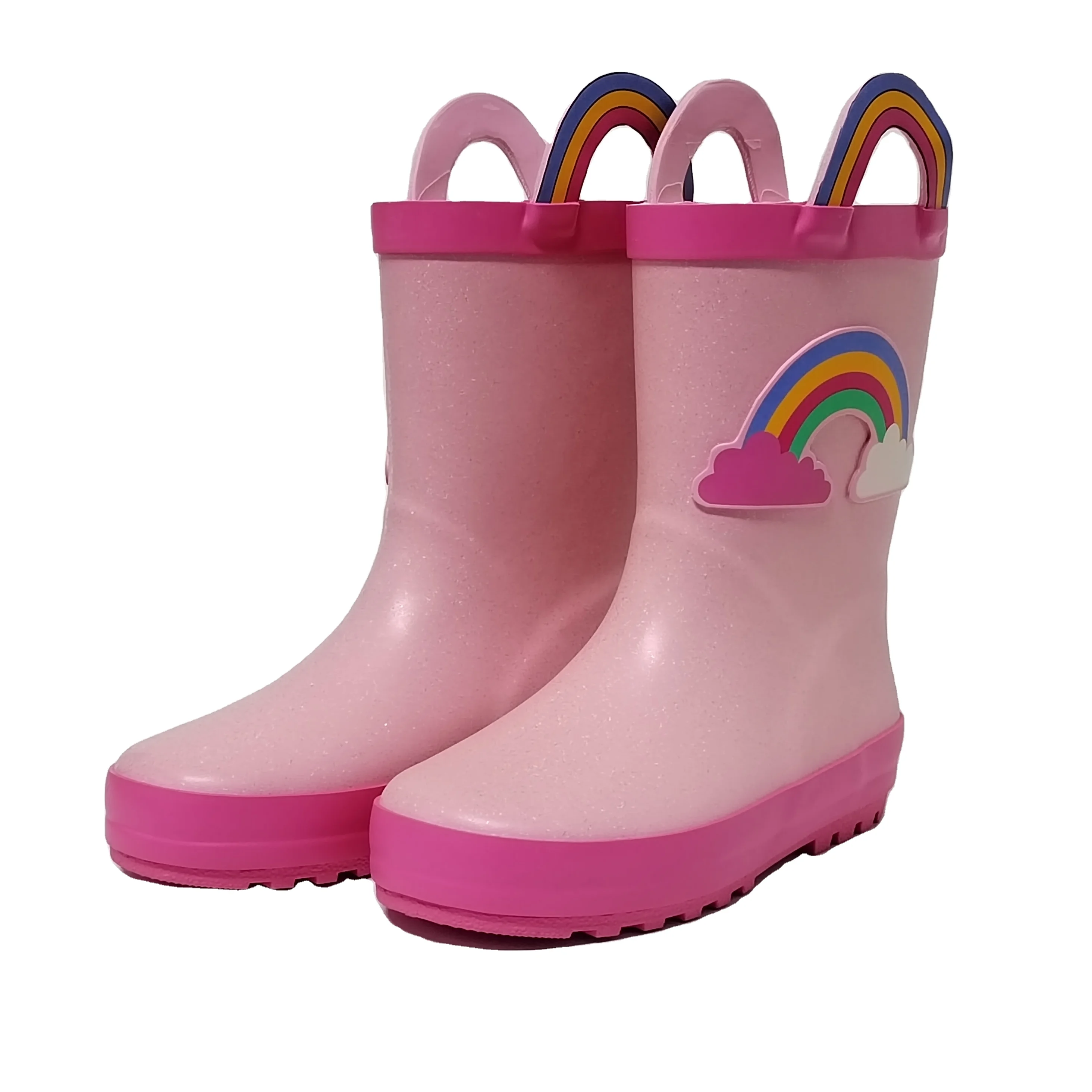 rainbow printed fake fur lining  waterproof rubber rain boots for children
