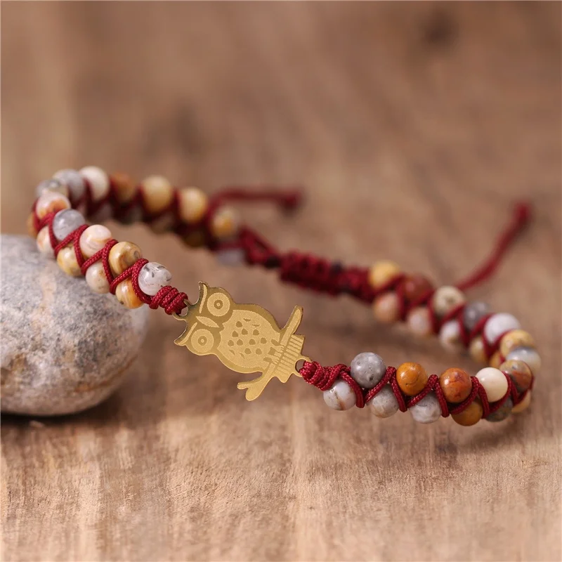 Stainless Steel Gold Owl Charm Crazy Agate beaded Braided Bracelet Yoga Natural Stone String Macrame Bracelet Wholesale Dropship