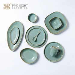 Wholesale Green Glazed Dinner Plates Sets Dinnerware Restaurant Tableware Supplier Rustic Porcelain Ceramic Dishes Plates Set