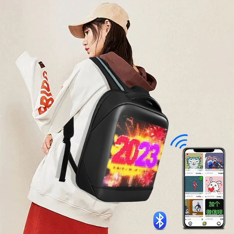 school backpack with led display screen smart app programmable text animations images display led display bag