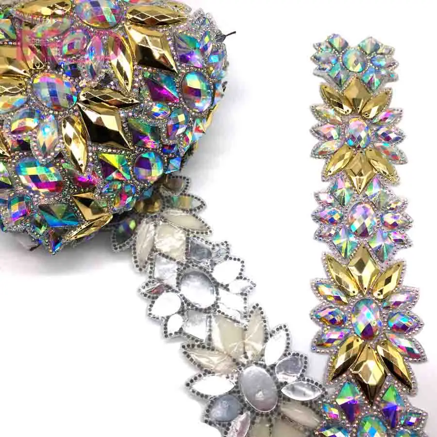 Resin Style Hot fix Rhinestone Tape Trim Gold  AB Glass Rhinestone Banding Ribbon Iron On Garments Shoes Decoration Patch