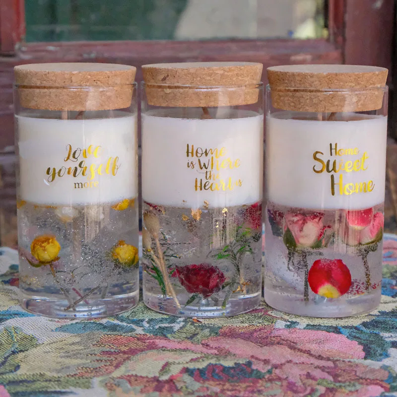 Private Label Handmade Gel Wax Flower Scented Candle with Cork Lid Decoration Wedding Gift Botanical Aromatherapy Candles