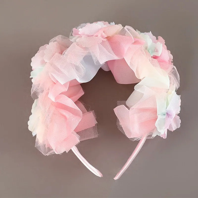 Цветной головной убор из сетчатой пряжи для девочек аксессуары принцессы с платьем детская Праздничная повязка на голову с градиентом цветка
