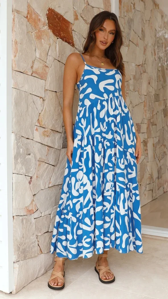 Fashion New Women Sexy Sweet Floral Print Sleeveless Off-shoulder Off-back Long Dress