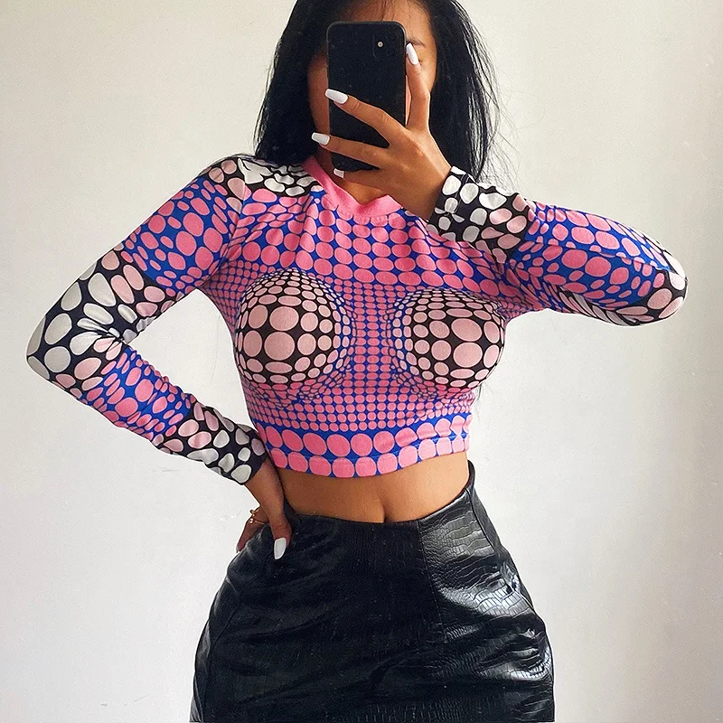 Autumn wholesale new design pink hot sale o neck dot long sleeve crop top for women ladies t shirts designer