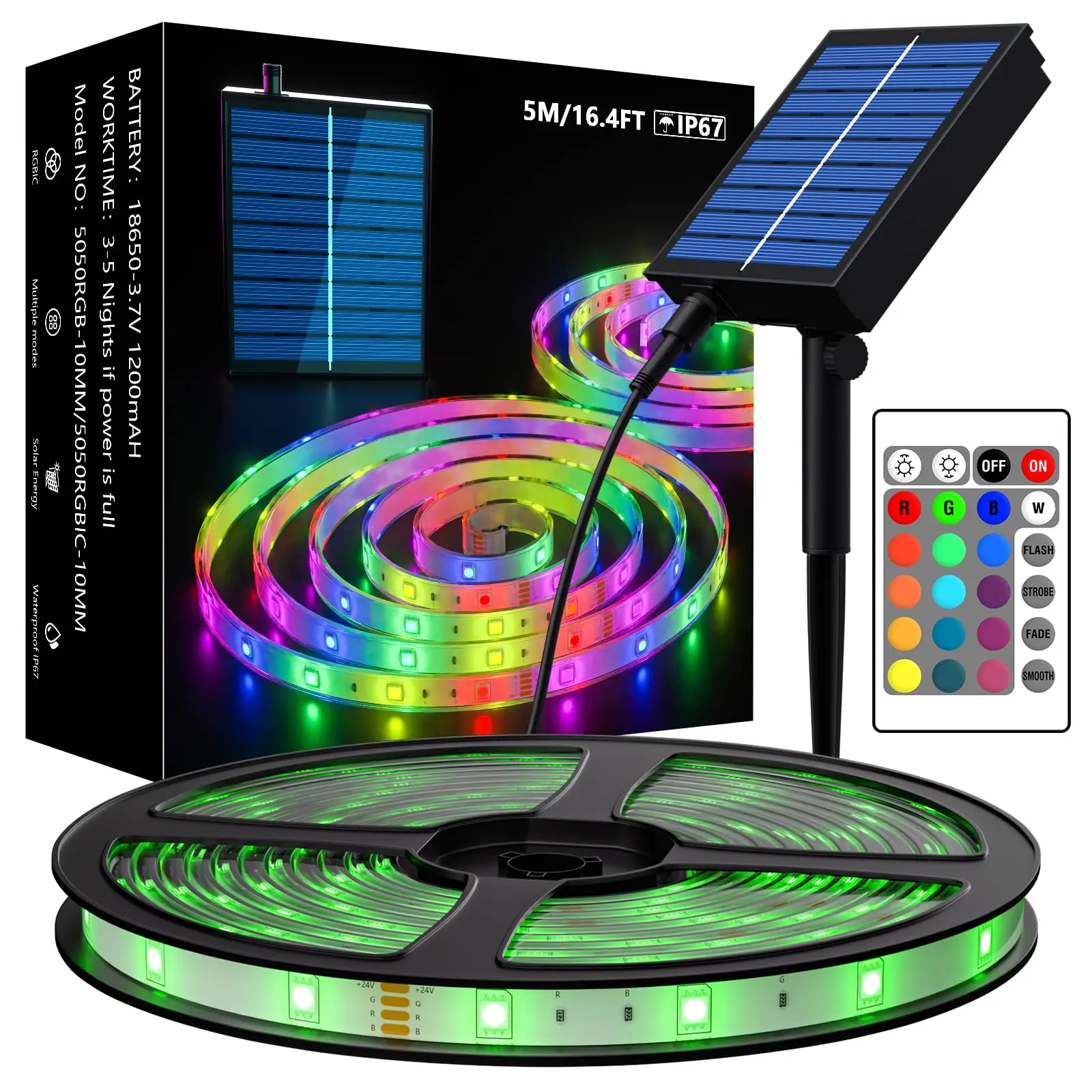 16 4 фута Солнечная энергия RGB Светодиодное освещение SMD5050 меняющая цвет Светодиодная лента IP67 водонепроницаемая для улицы