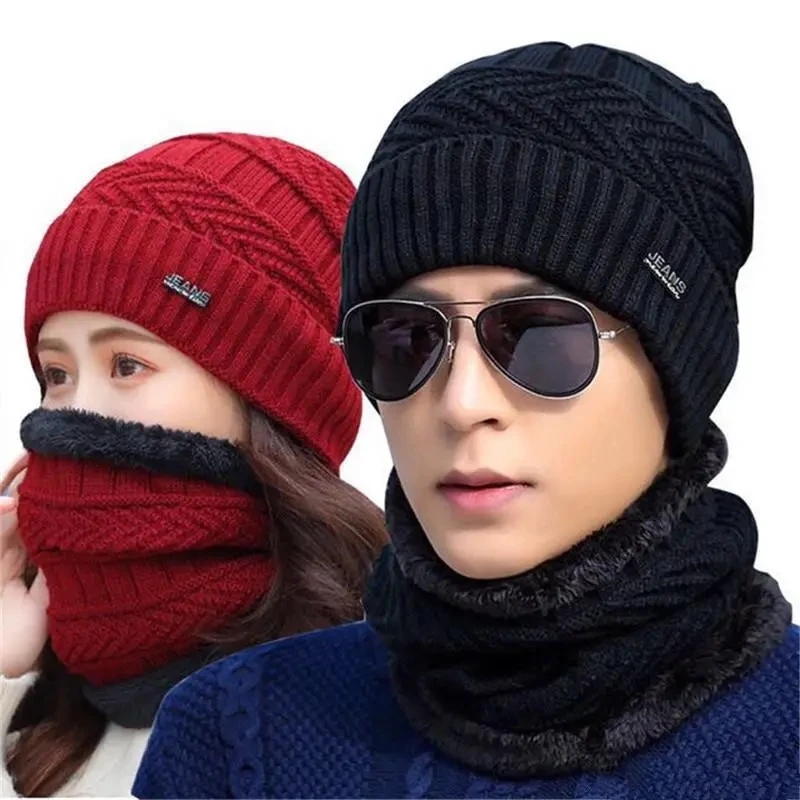 Velvet Lined Thicken Ski Skull Caps Men Kids Winter Hat Scarf Set Neck Warmer Wool Knitted Beanie Hats Winter Fleece Knitted Hat
