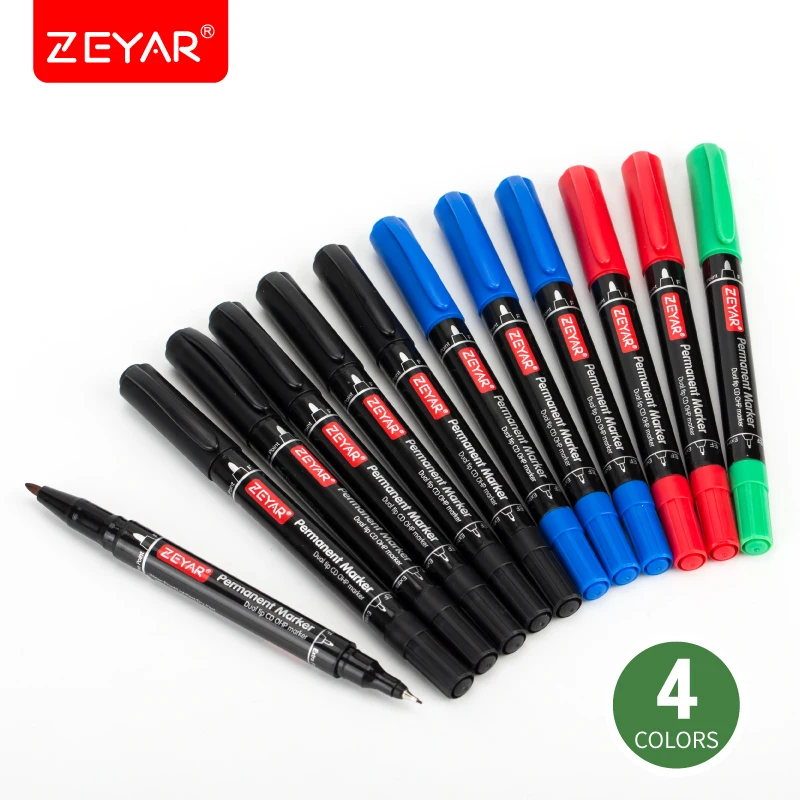 ZEYAR Twin Tip Permanent Markers CD/DVD Markers 4 Colors Ultra Fine Point and Fine Point for Signature and Marking