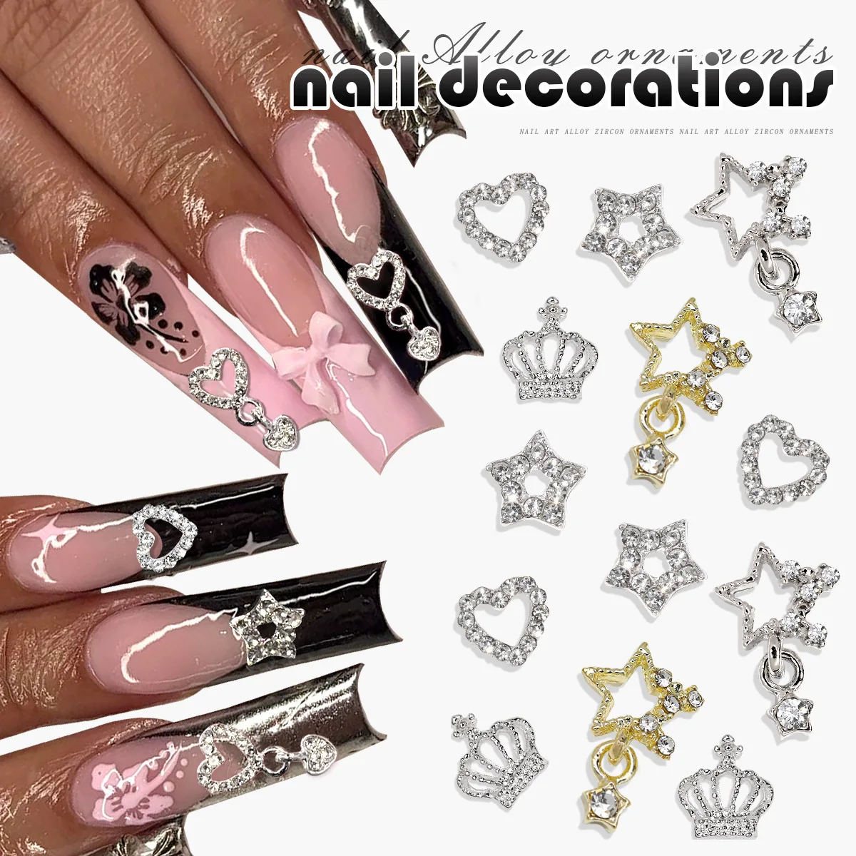 C345 SAFENG 10pcs Luxury Metal Diamond 3D Nail Charms Star Love Heart Pendant With Diamond Alloy Jewelry Nail Art Decoration