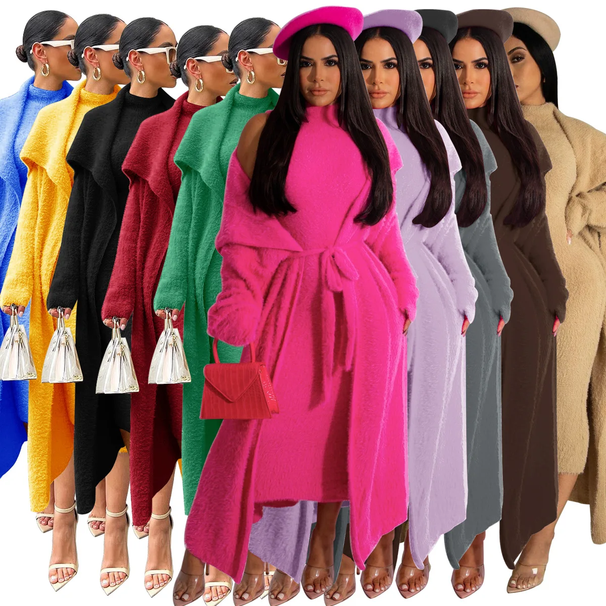 New Design Autumn 2023 winter women clothes slim double-sided velvet belt dress cardigan loose long coat two piece set