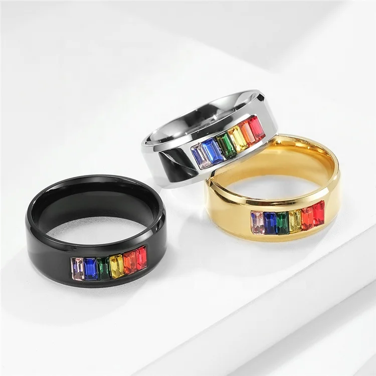 Hot Selling Stainless Steel LGBT Gay Pride Rainbow Stones Ring Gold Plated Lovers Couple Ring