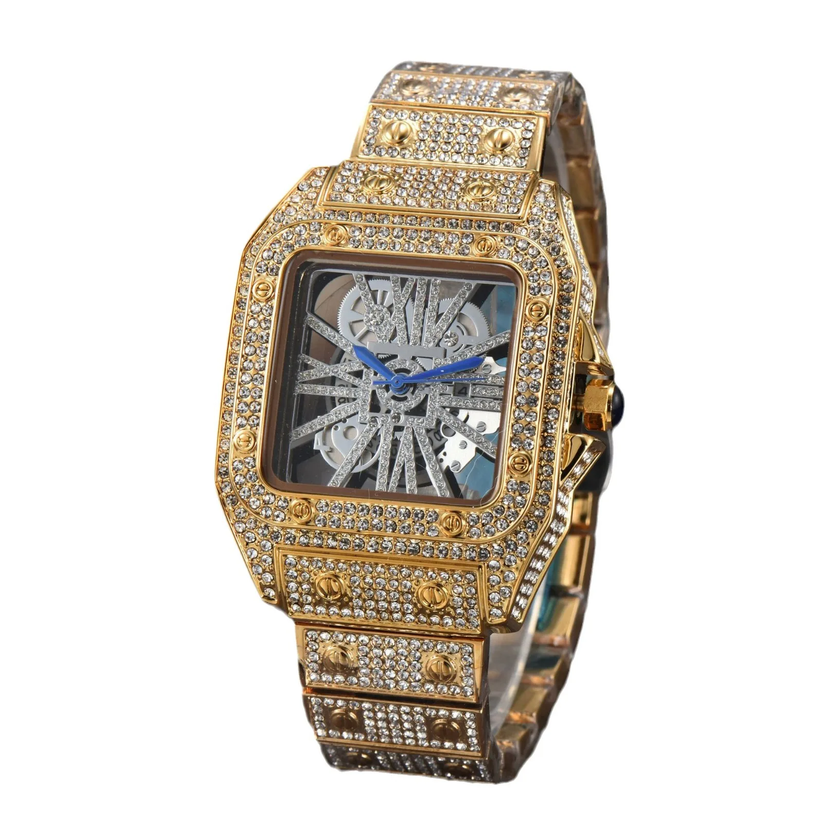 Classic Fashion Men Watches Luxury Diamond Stainless Steel Bracelet Quartz Wristwatch Man Business Casual Square Skeleton Watch