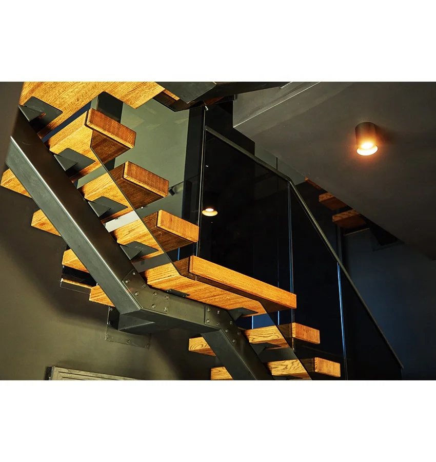 Elegant Double Slab Beam Staircase Single Acrylic Floating Glass Spiral Staircase Tread House Solid Wood LED Light Stair