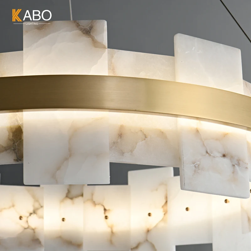 Nordic Natural Alabaster Luxury Living Room Chandelier Modern Simple Dining Room Villa Copper Rectangular Led Chandelier