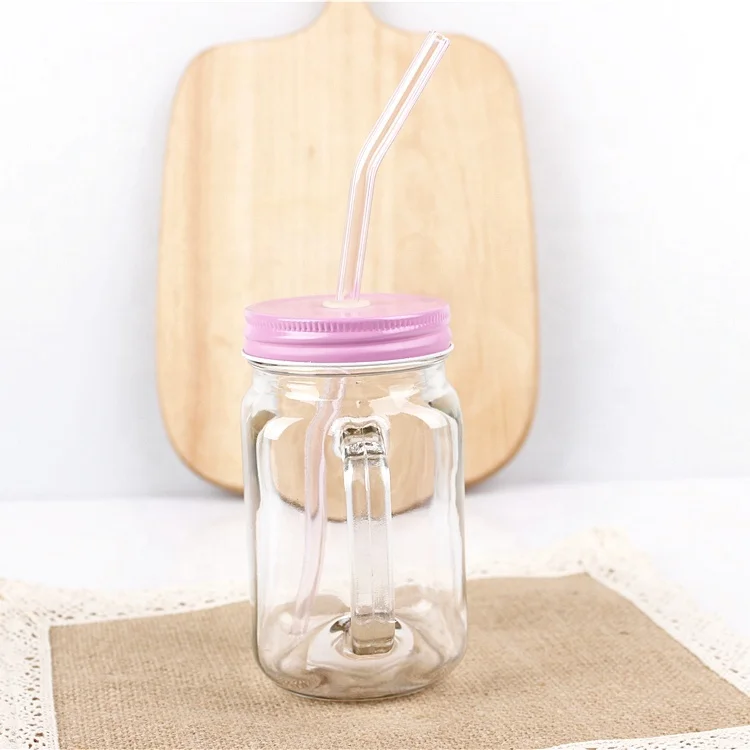 Hot selling  glass mason jar with handle tin lid and straw for juice drinking 450ml