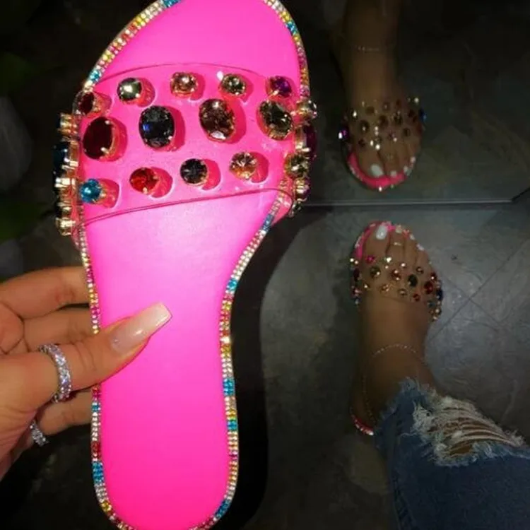 EB-20010734   Hotsale Summer Women Crystal Slippers Glitter Flat Soft Bling Female Candy Color Rhinestone Slides Hot Beach Shoes