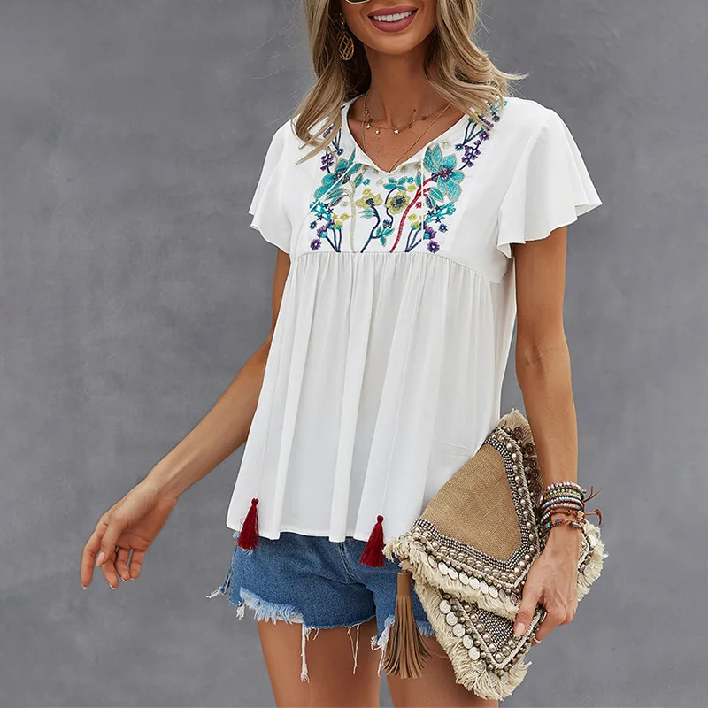 OEM customization vacation T-shirt Embroidered sexy cotton linen top Vintage 70s Ethnic Floral Embroidered Boho Hippie Blouses