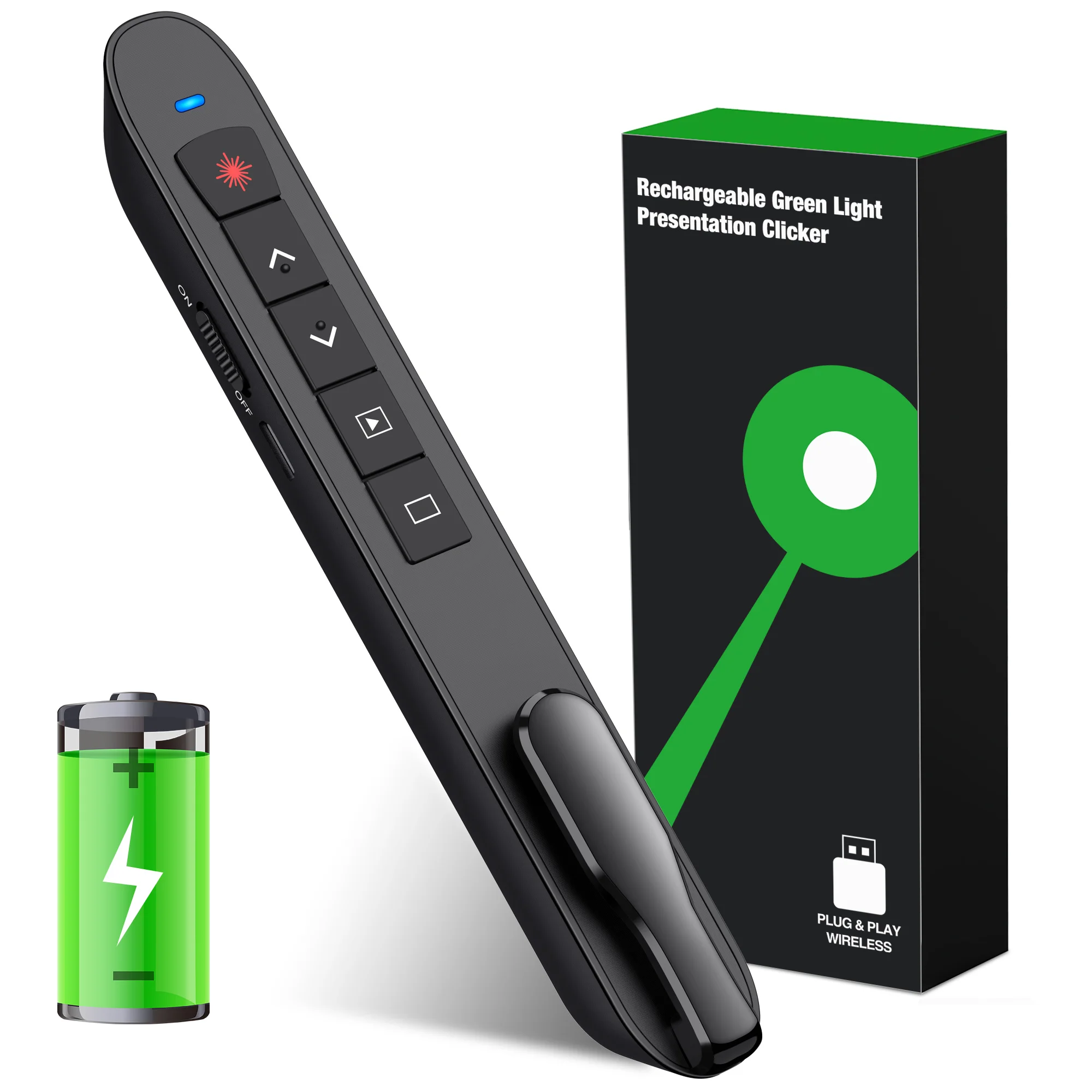 2.4GHz Wireless Presenter With Green Light Clicker Rechargeable Presentation Clicker USB RF Remote Control Pen For PowerPoint