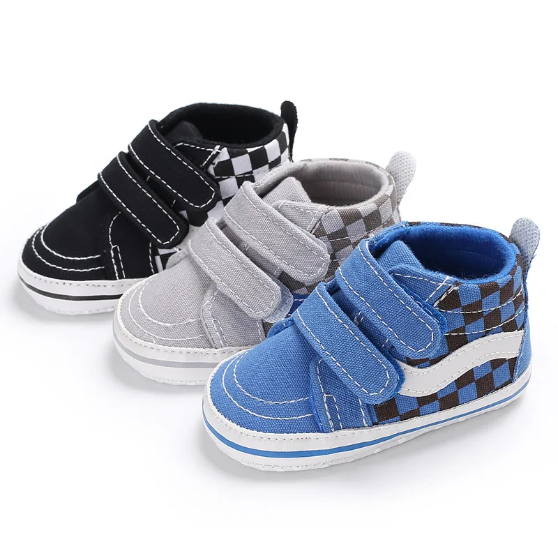 YIZHI Wholesale Cheap Soft Sole Canvas Plaid Toddler Shoes Double Hook High-top Walkers Baby Shoes