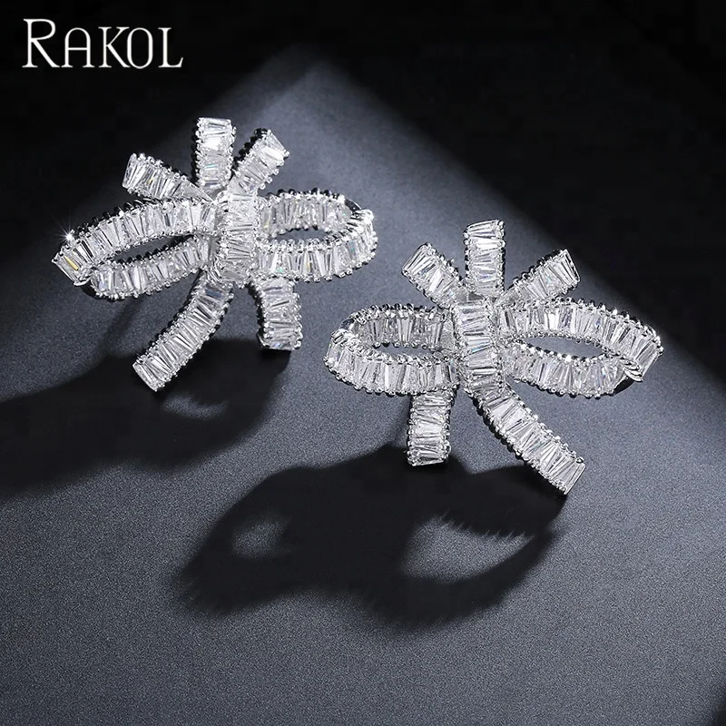 RAKOL EP366 2021 Fashion Rose Gold Full Zircon Crystal 3A Cubic Zirconia Bowknot Bridal Earrings