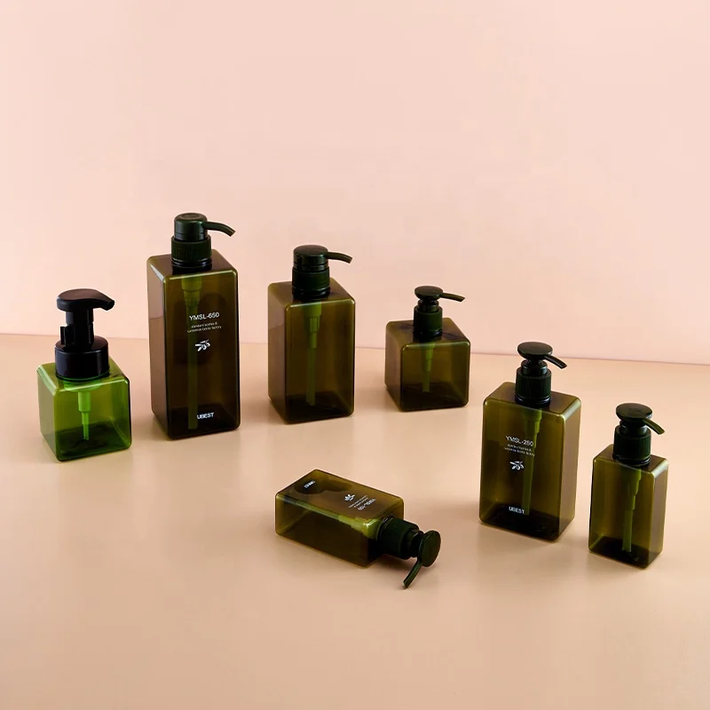 Olive Green Rectangular PETG Plastic Shampoo Bottle with Flip Top Cap for Cosmetic Water Container