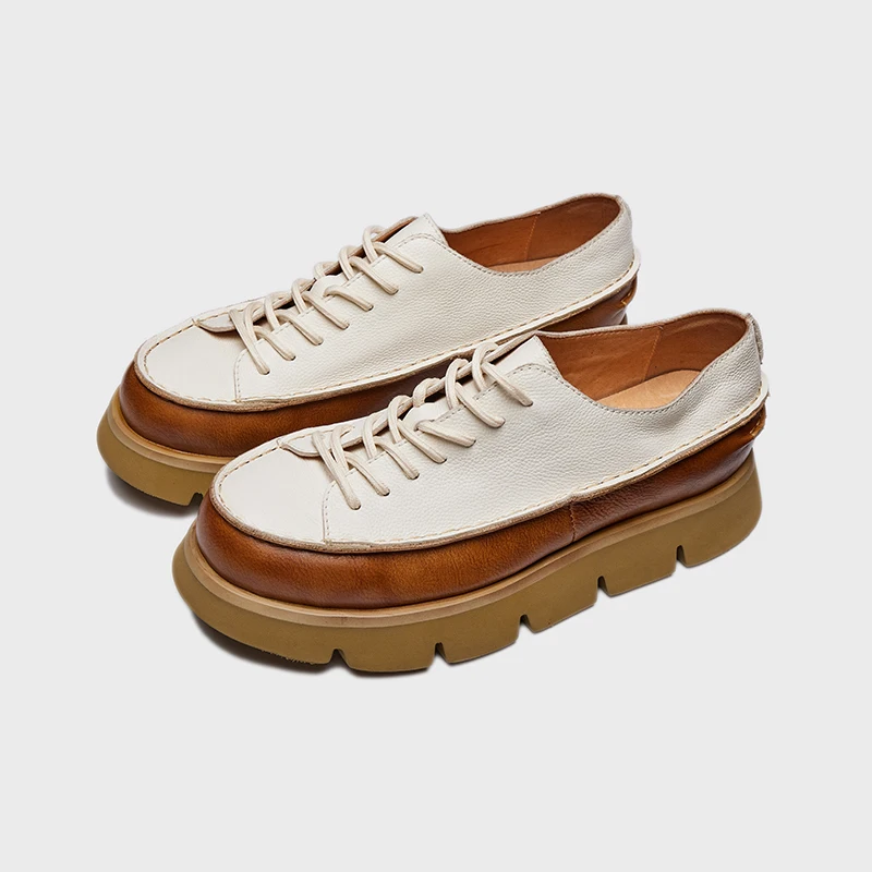 Thick Sole Brown Genuine Leather Shoes Casual Flat Heels Lace Up Footwear Walking Style Shoes for men