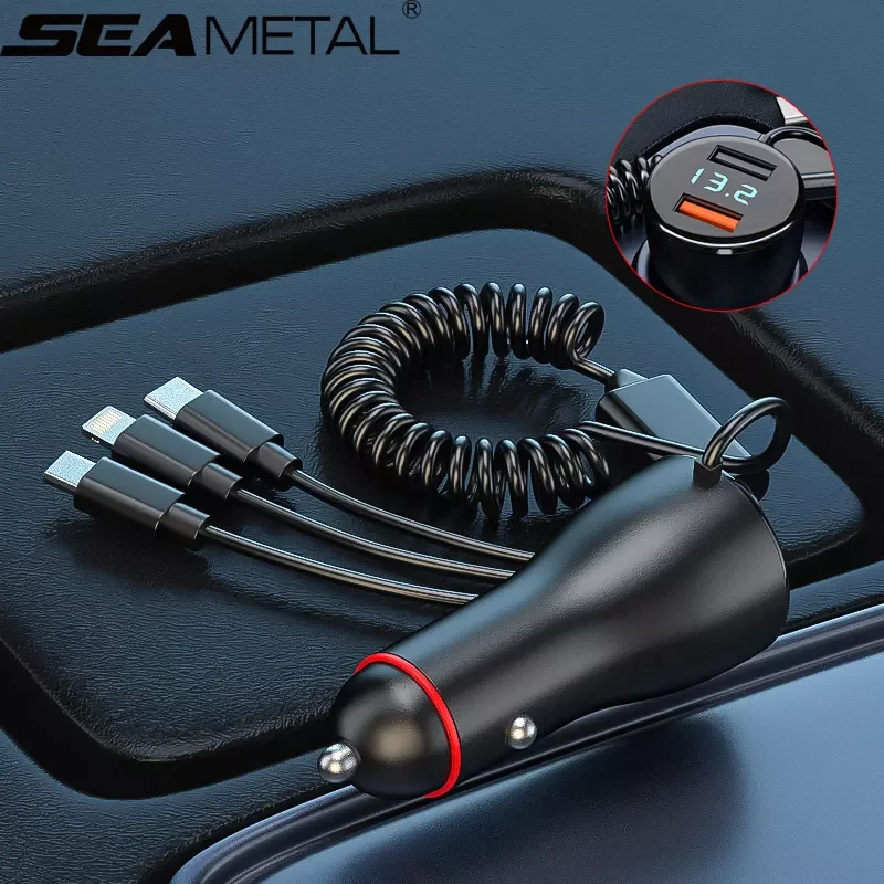 Type C QC 3.0 Quick Car Charger With 3 in 1 USB Cable Cigarette Lighter For iPhone Samsung USB Type C Fast Phone Charger
