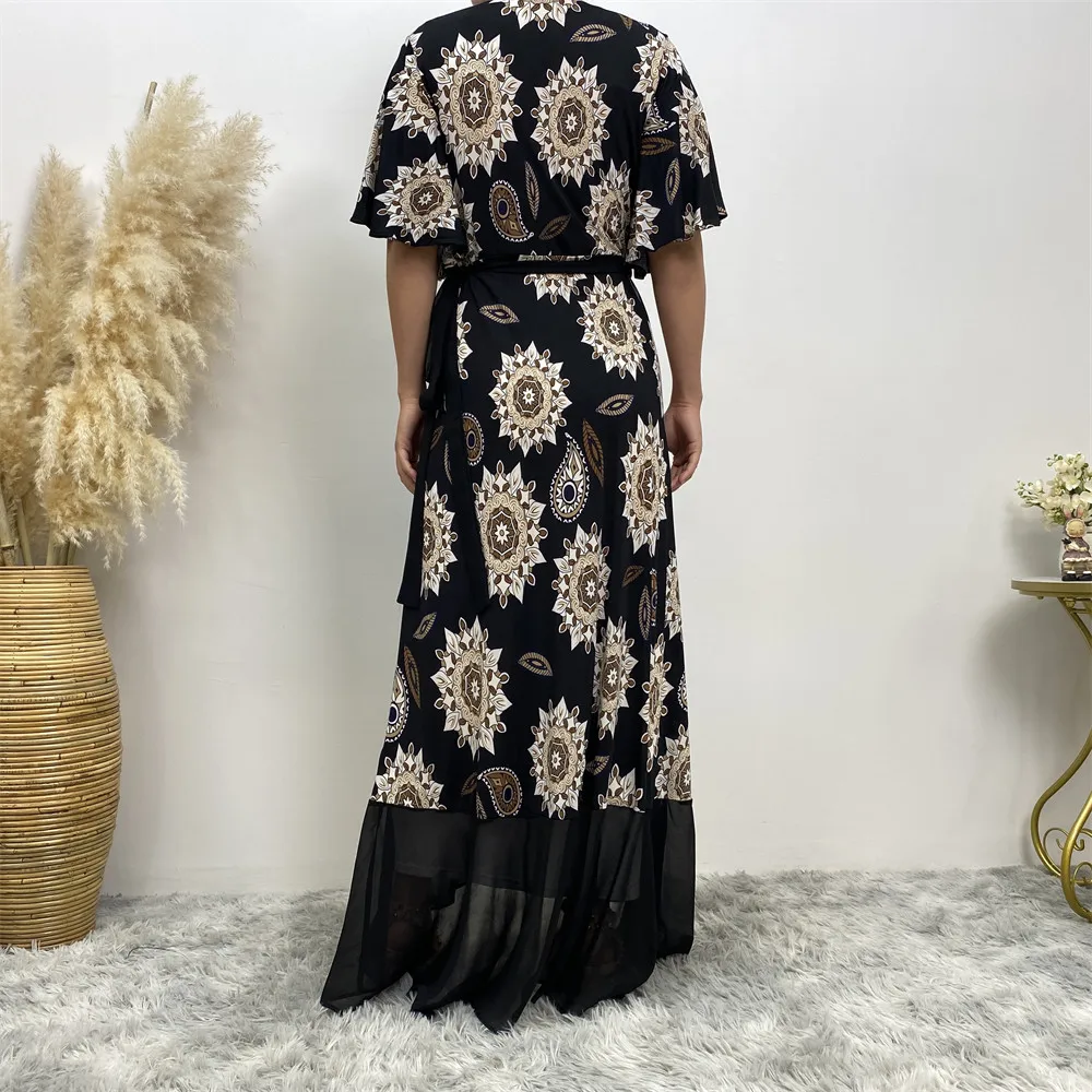 Fashion Lace Up Design Pretty Flowers Print Short Sleeves Splice Chiffon Bottom Women Summer Open Abaya