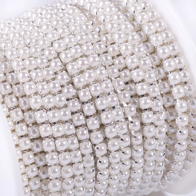 Wholesale Dress Accessories Pearl Diamond Mix Chain Silver Gold Copper Crystal Rhinestone Cup Chain Roll for Sewing Crafts DIY