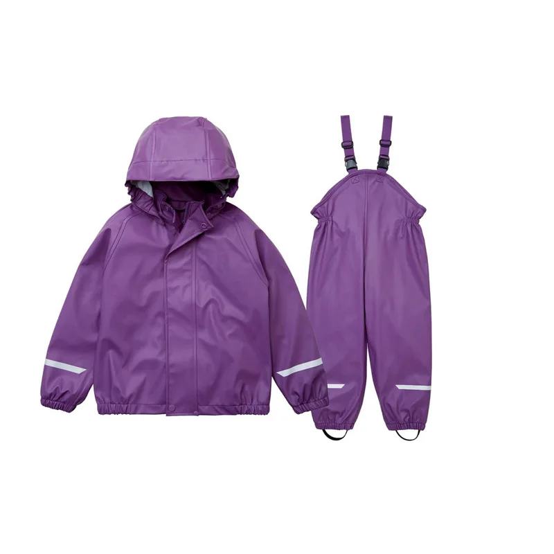 unisex outdoor play hiking sand waterproof warm PU clothing recycle rain suit jacket and trousers kids rain coat sets