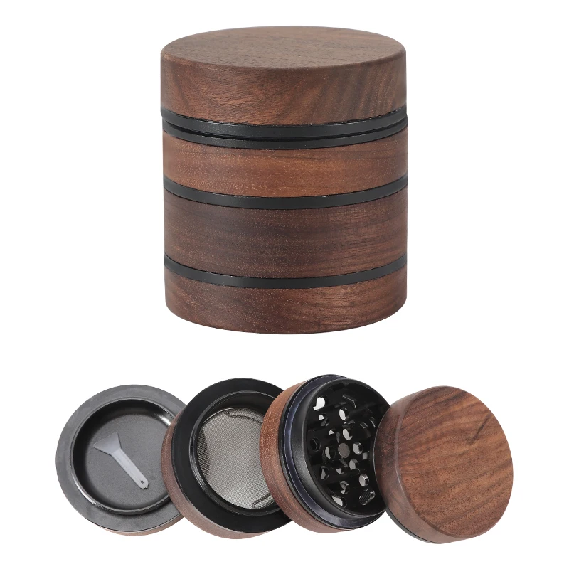 Wholesale  4 layer brown portable wood herb grinder 2.5 inch dry spice crusher new design wooden grinder for herb