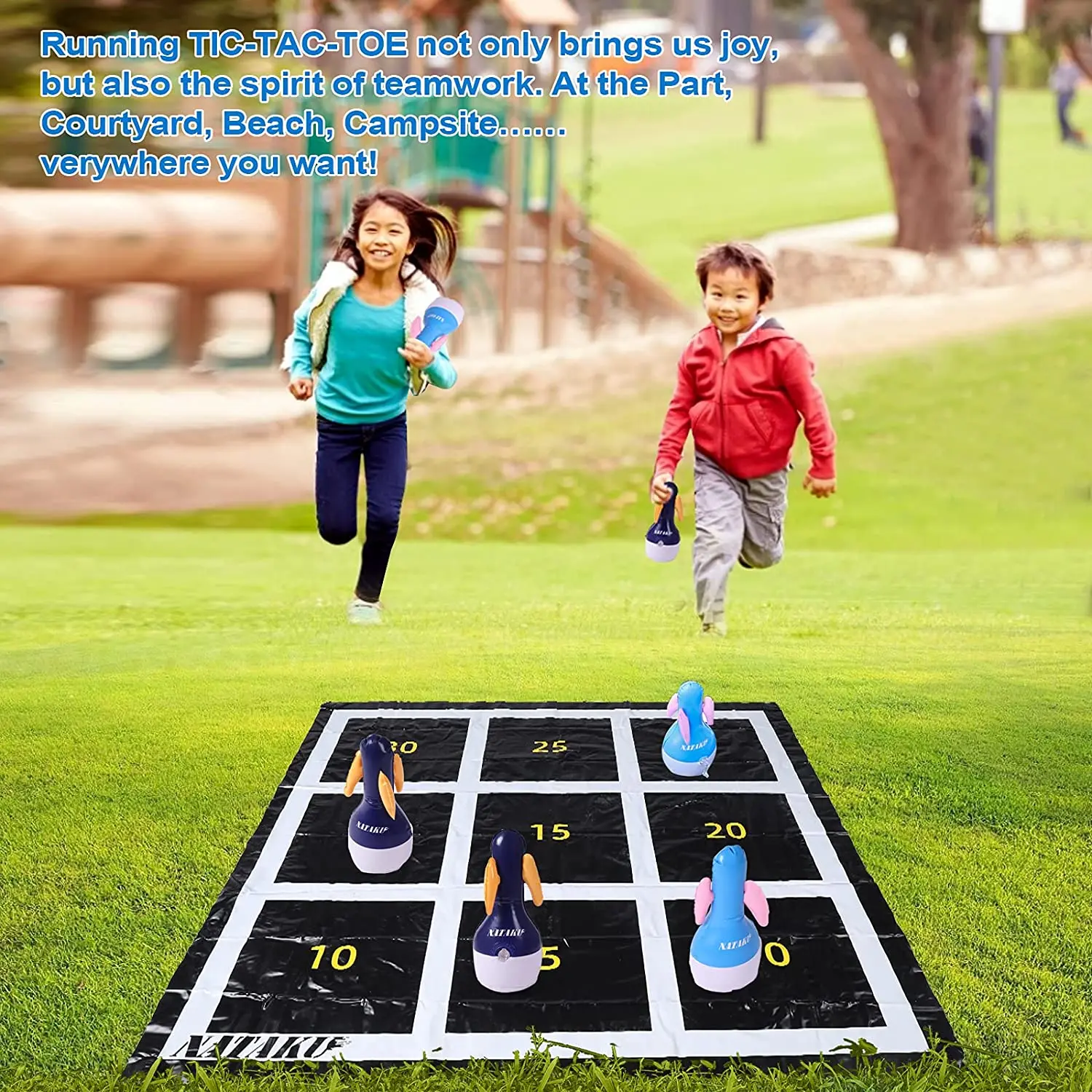 Family Indoor Game Set Outdoor Lawn Game Giant Tic Tac Toss Yard Game Double-Sides Play mat with 6 Inflatable Tumbler Darts