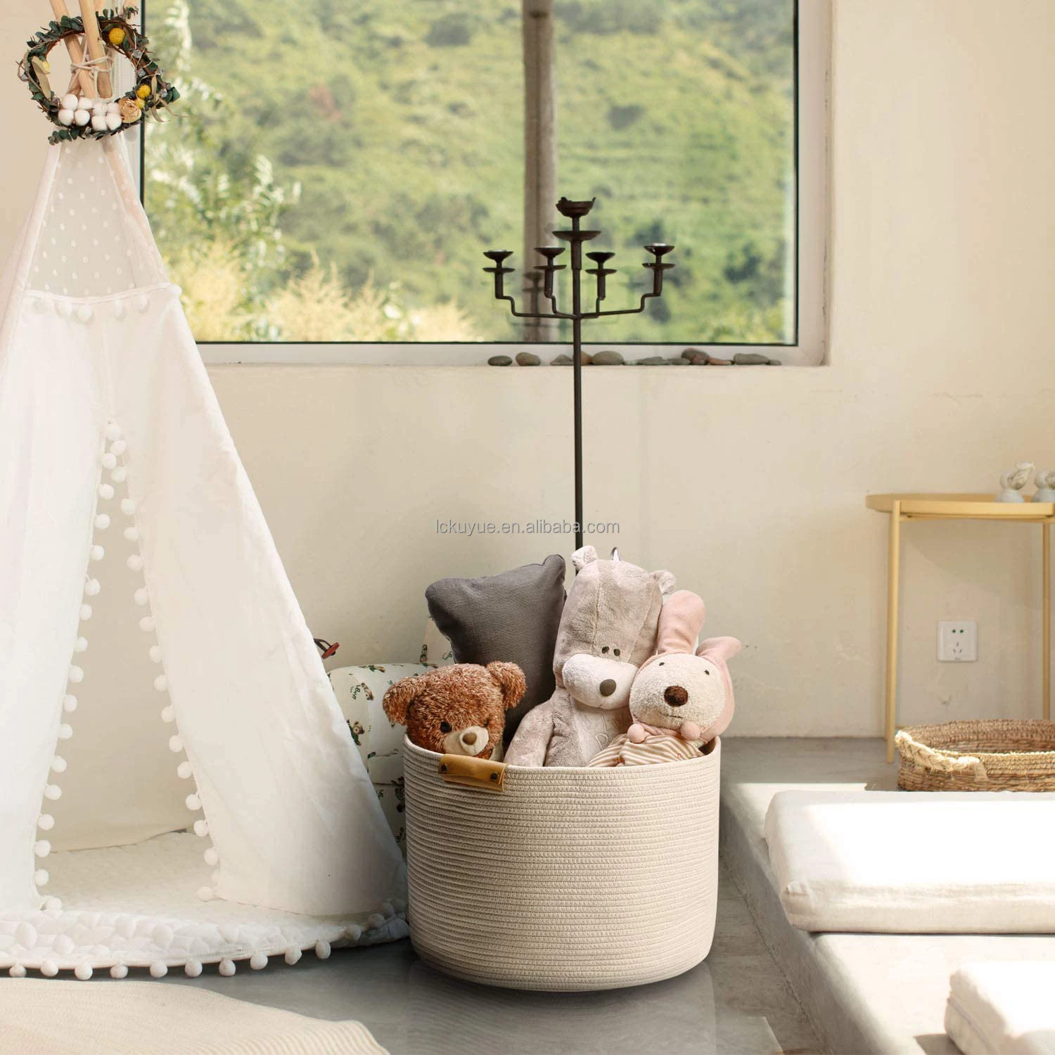 KUYUE Rope Basket Foldable Opp Bag Storage Baskets Foldable Laundry Hamper Folding Babyher Handle Cotton Hot Selling Leather