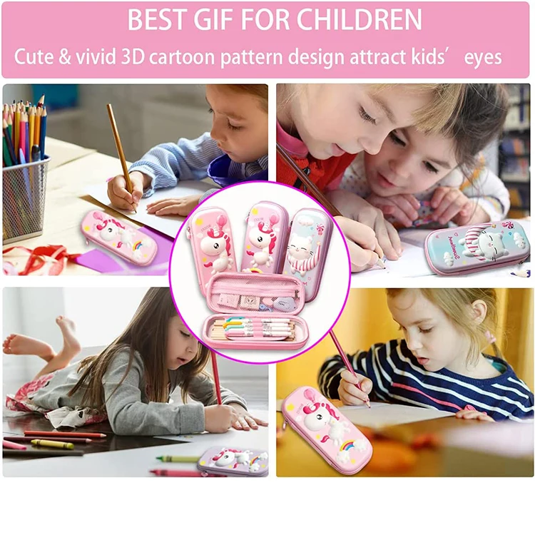 wholesale custom beautiful pink Kawaii Anime Pencil Case Bag Girls Cute 3d eva Unicorn Pencil bag For girls