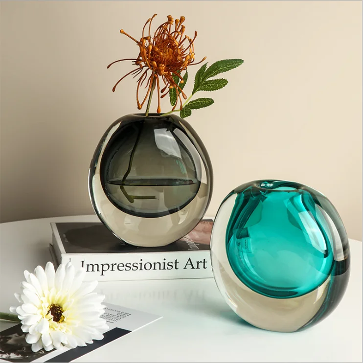 Wholesale Light Luxury Double Layer Coloured Modern Desktop Home Decor Blue Grey Brown Green Color Round Small Glass Vase