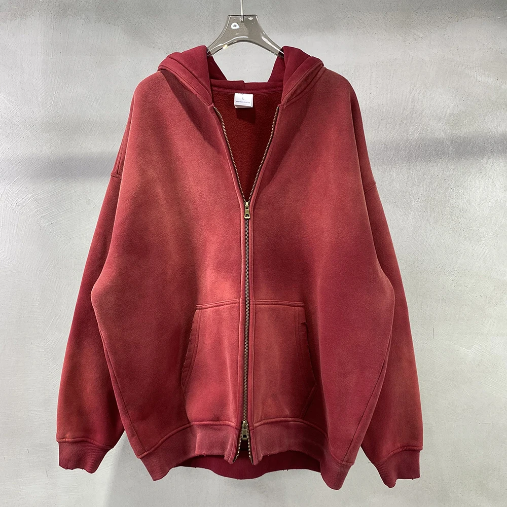 Yingling custom Sun faded Zip Hoodie distressed cotton fleece vintage stone wash Sun faded full zip up hoodie men no string