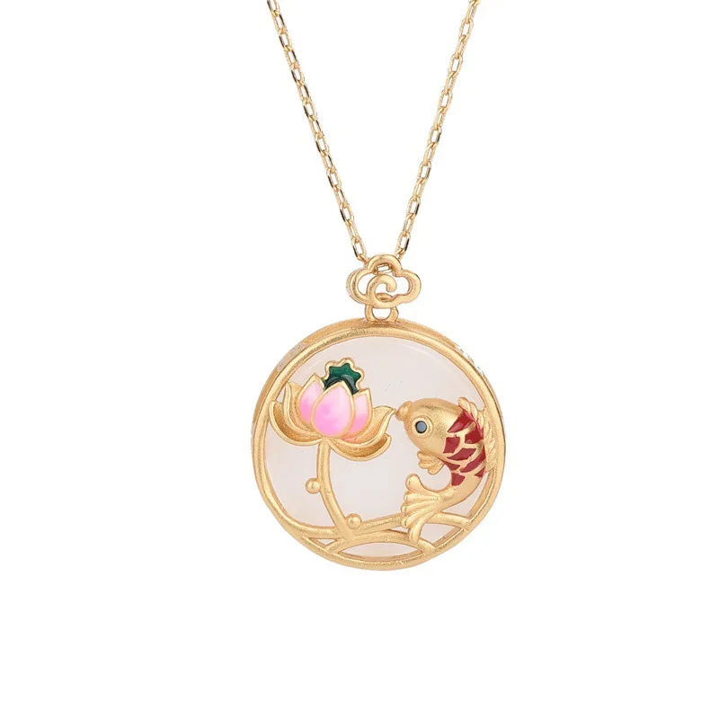 Chinese Style Retro Artificial Jade Lotus Koi Peace Buckle Pendant Necklace 24K Gold Plated for Anniversaries gifts